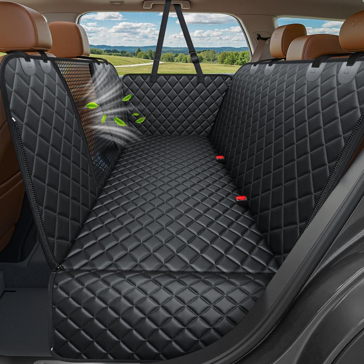 4 in 1 Dog Car Seat Cover for Back Seat, Waterproof Dog Hammock with Mesh Window and Side Flap Pet Car Seat Protector Dogs Backseat Cover for Cars, Suvs & Mid-Size Trucks