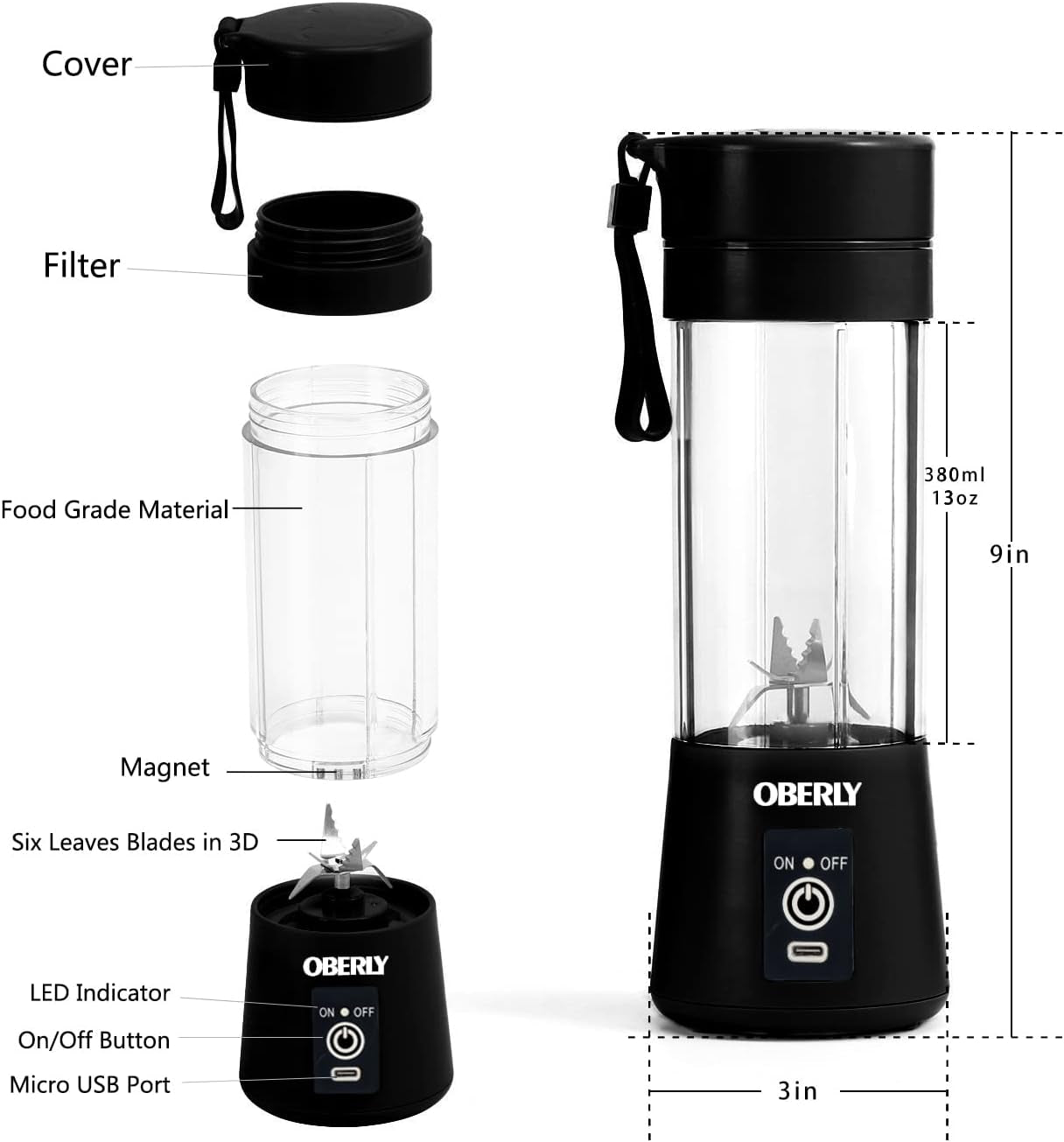 Portable Blender for Shakes and Smoothies,  16Oz Cordless Personal Travel Small Blender for Protein with USB Rechargeable Battery, Stainless Steel Blades, Mini Travel Bottle, on the Go