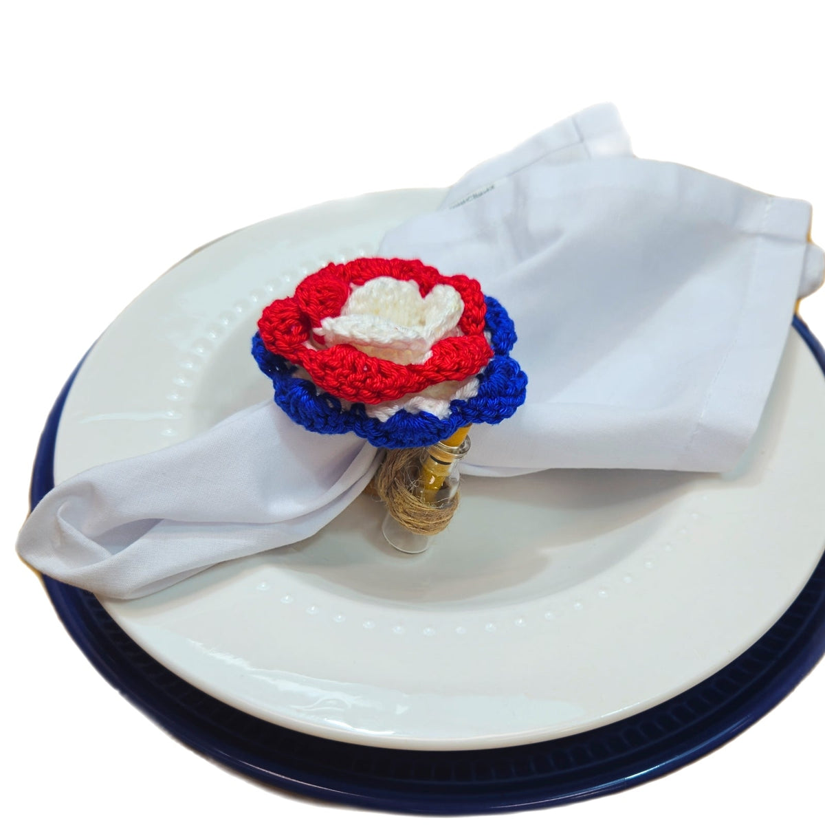 Charlo's Tricolor Patriot Crochet Message Napkin Rings Good Vibes Funny for 4th July Dinner Table Decor