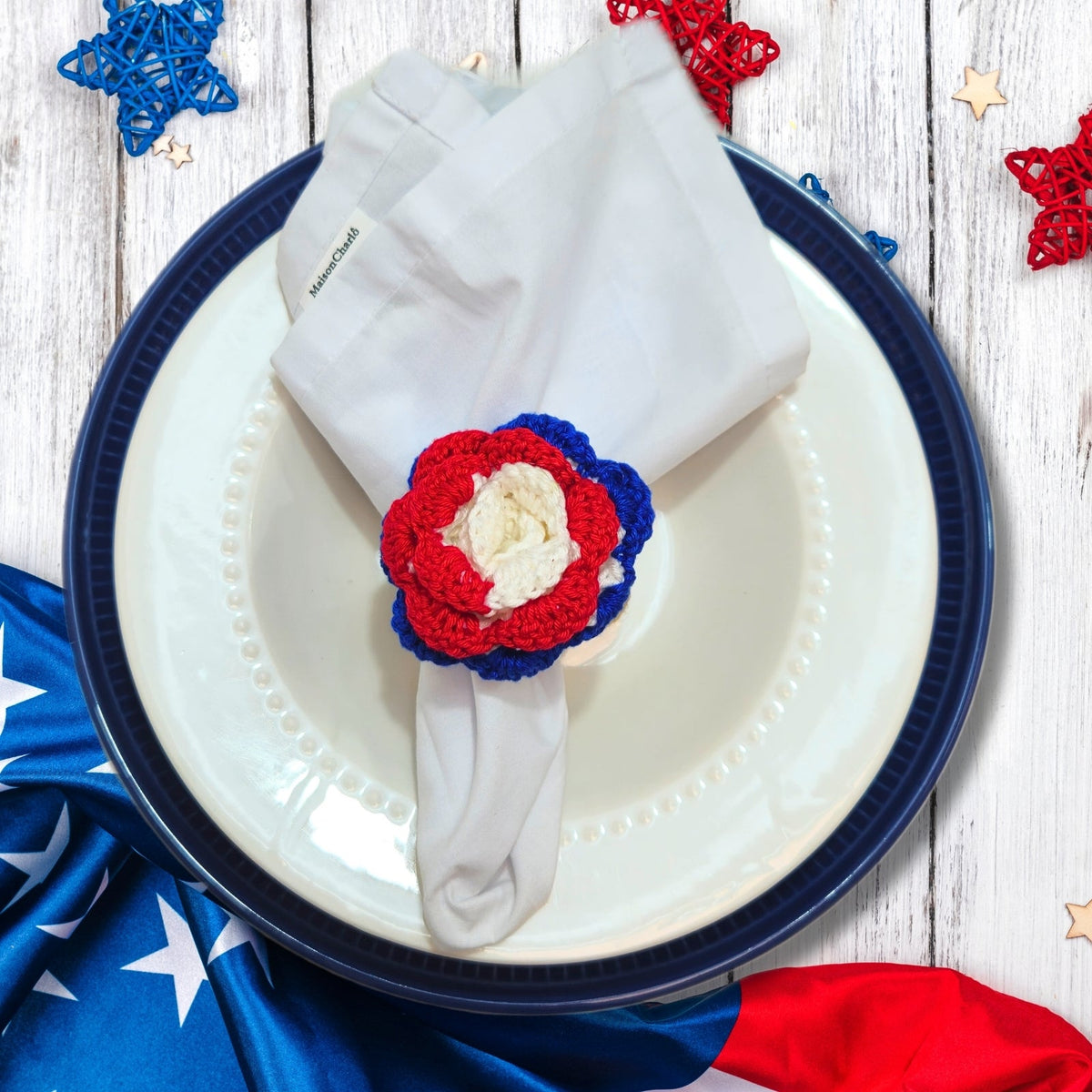 Charlo's Tricolor Patriot Crochet Message Napkin Rings Good Vibes Funny for 4th July Dinner Table Decor