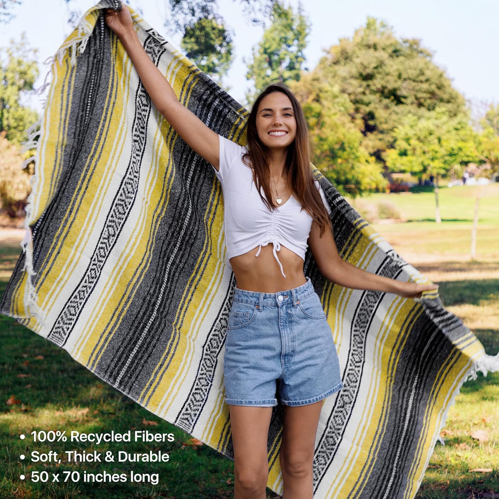 Authentic Handwoven Mexican Blanket | Yoga Blankets, Outdoor, Picnic, Beach, Camping | Equestrian Saddle | Serape 50X70 Inches - Sunshine, Pack of 1