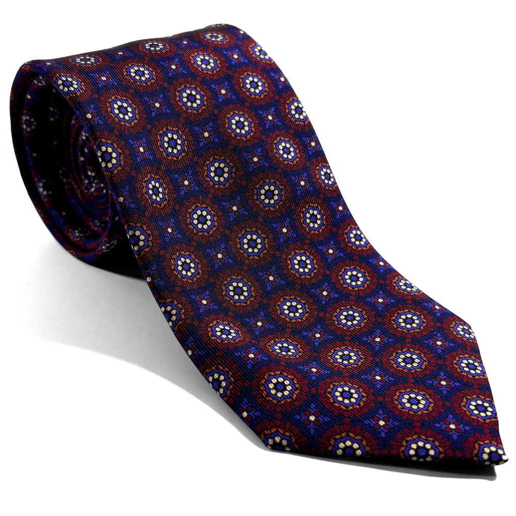 Hand-Printed Navy Blue & Burgundy Geometric Ancient Madder Silk Tie