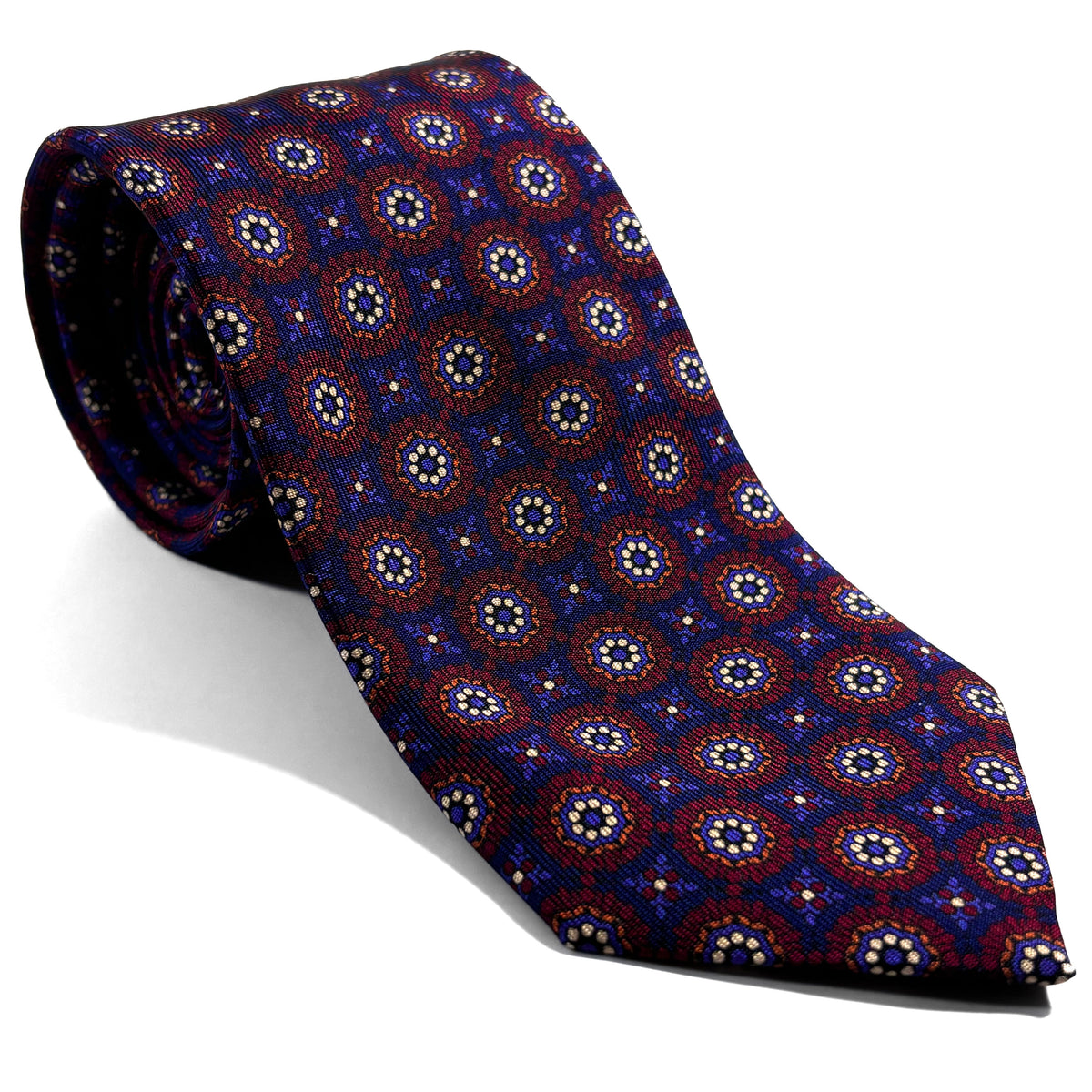 Hand-Printed Navy Blue & Burgundy Geometric Ancient Madder Silk Tie