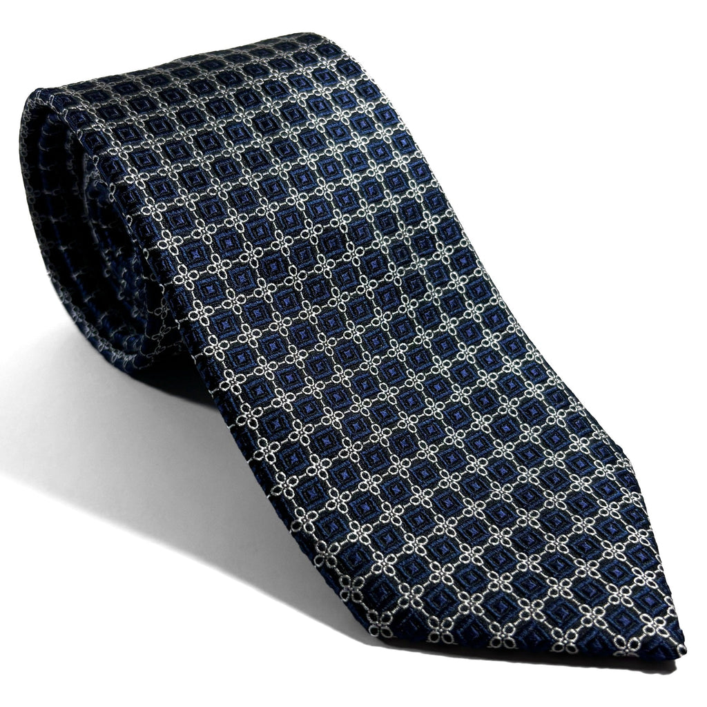 Navy Blue & Silver Geometric Silk Jacquard Tie