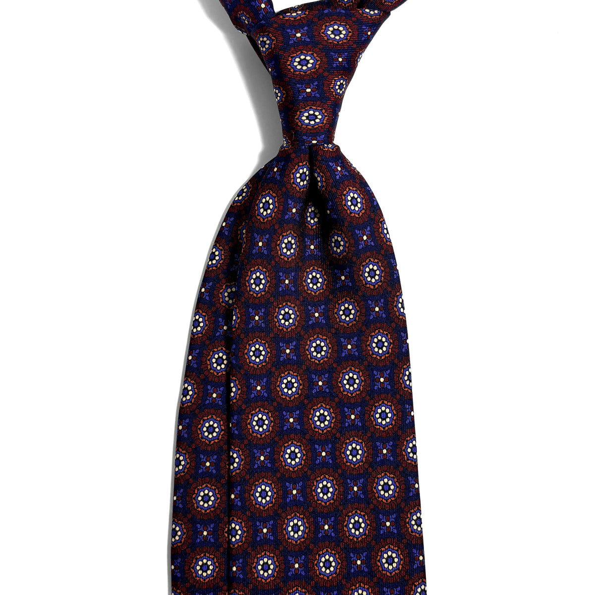 Hand-Printed Navy Blue & Burgundy Geometric Ancient Madder Silk Tie