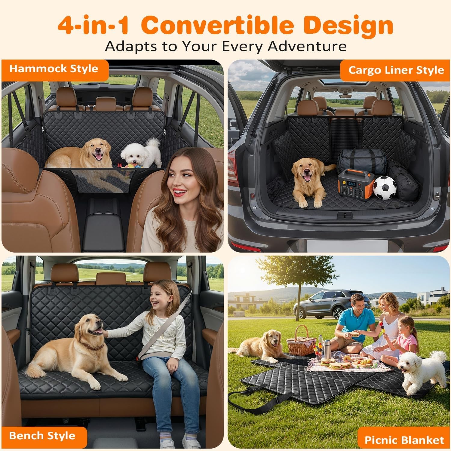 4 in 1 Dog Car Seat Cover for Back Seat, Waterproof Dog Hammock with Mesh Window and Side Flap Pet Car Seat Protector Dogs Backseat Cover for Cars, Suvs & Mid-Size Trucks