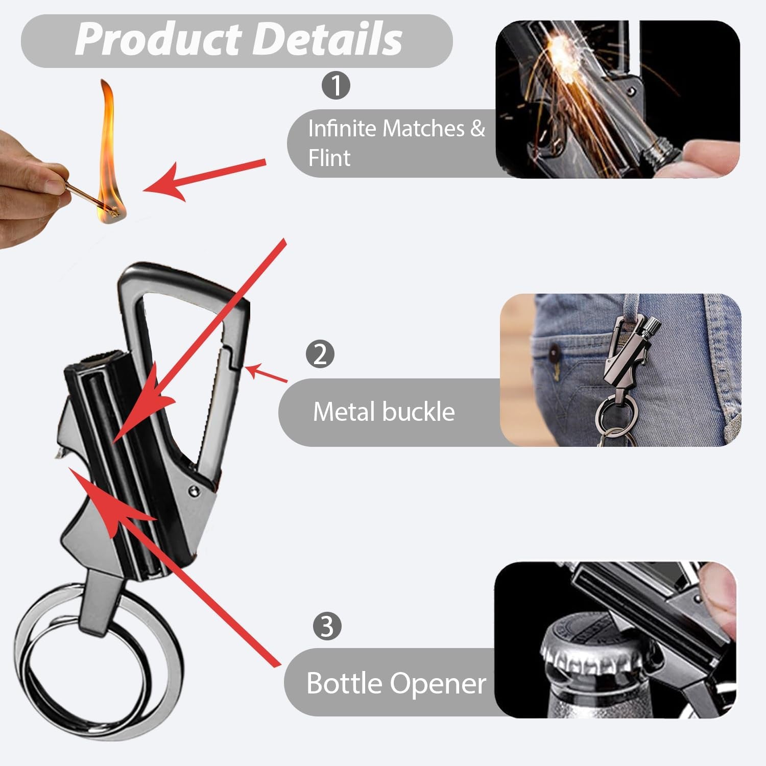 3 in 1  with Multitool Keychain and Bottle Opener, Reusable Waterproof Match Strike Anywhere, Forever Flint Fire Starter for Outdoor Survival (Black)