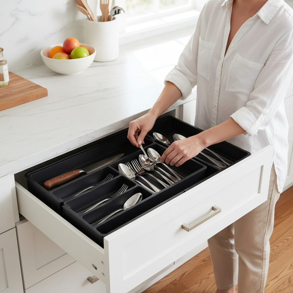 Expandable Kitchen Drawer Organizer Tray | Adjustable Utensil & Cutlery Holder for Forks, Knives & Silverware