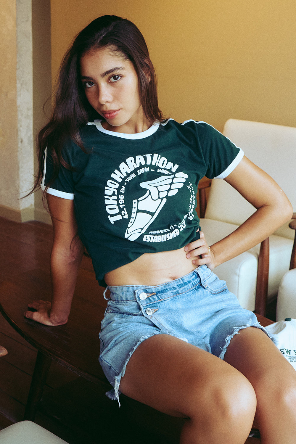 Vintage Women's T-Shirt – Retro Ringer Style – Marathon (Green)